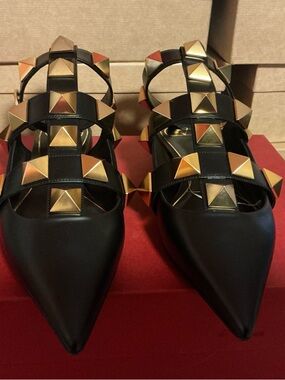 Valentino Garavani Black Pointed Leather Flats with Gold Pyramid Studs